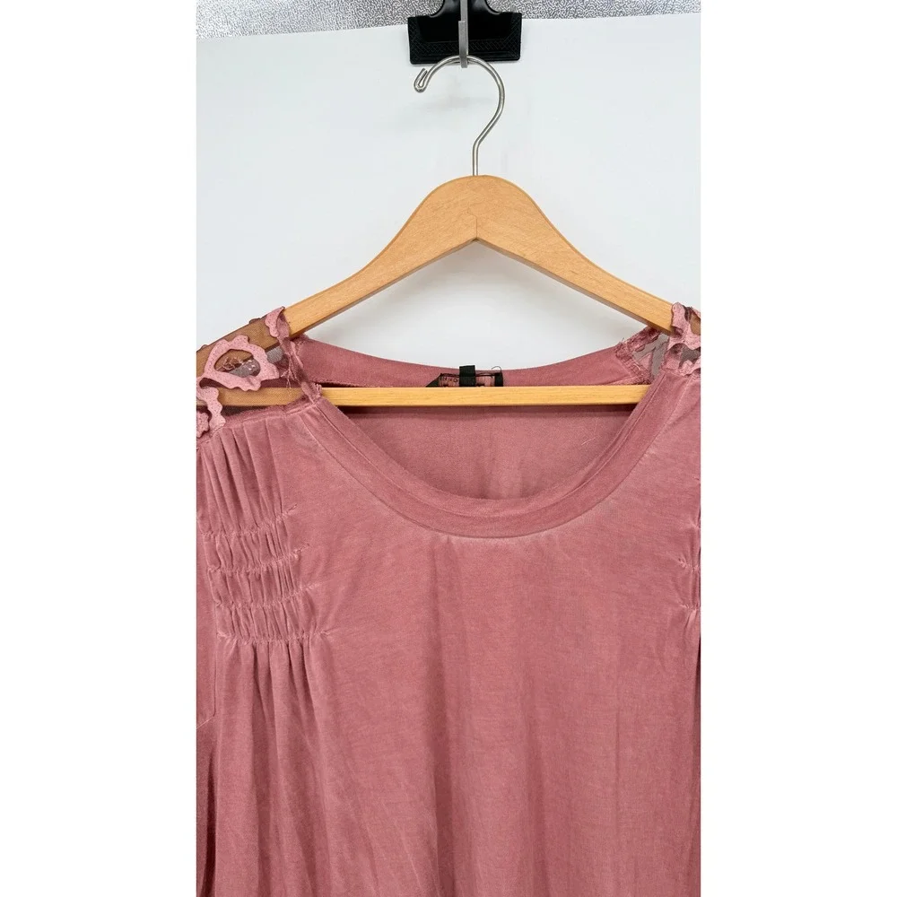 POL Tunic Top Lace Shoulder Smocked Detail Oversized Boho Chic Pink SM** - Picture 3 of 12